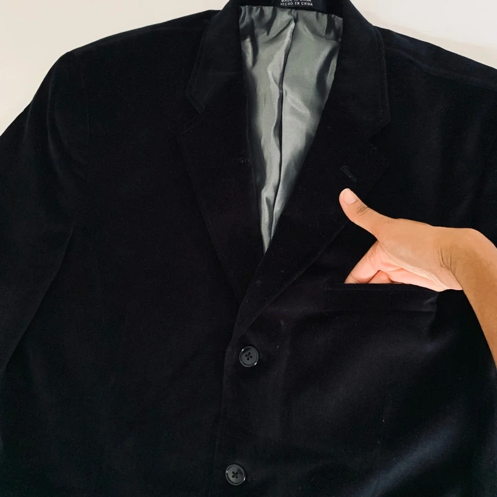 J. Ferrar Velvet Blazer Sport Coat Men M 38-40 Black Dark Academia Luxe Holiday